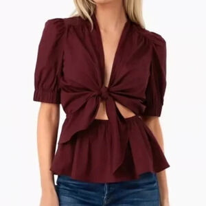 Tuckernuck New Hyacinth House Burgandy Piper Tie Front Blouse Top Size Medium